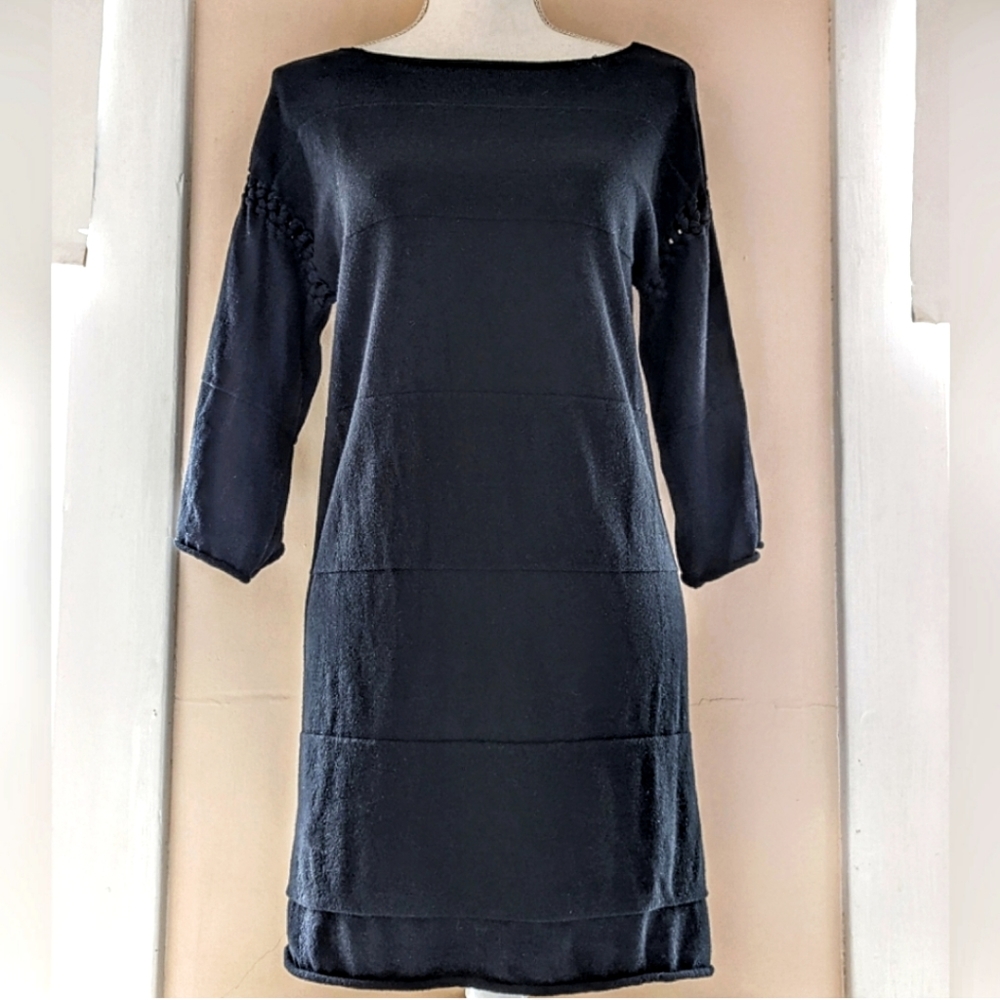 Max Studio Black Knit Sweater Dress Long Sleeve Boat Neck Cotton Blend Medium